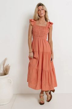 Maxton Midi Dress in Orange – Groovy Mimi Skirt Lining, Tiered Midi Dress, Spring Summer Dress, Gingham Dress, Eyelet Lace, Tier Skirt, Ruched Dress, Tiered Skirt, Flutter Sleeves