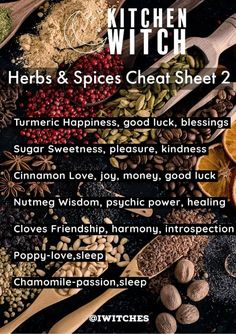 the kitchen witch herbs and spices chart is shown in this graphic above it's description