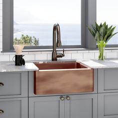 a kitchen sink sitting under a window next to a potted plant