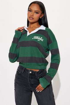 Available In Green. Collar Neck Long Sleeve Front And Back Screen Stretch Button Detail Disclaimer: Due To The Printing Process A Difference In Saturation May Occur. Each Garment Is Unique. 100% Cotton Imported | Athletics Club Polo Top in Green size XL by Fashion Nova Collar Neck, Polo Top, Tops For Women, Graphic Tees Women, Green Fashion, Button Detail, Womens Clothing Tops, Printing Process, Fashion Nova