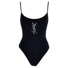 Yves Saint Laurent one-piece swimsuit / body in lycra color black crystal embellished YSL logo. Size 48 IT. Condition: Really good, vintage piece. Ysl Clothes, Ysl Outfit, Saint Laurent Aesthetic, Designer Swimsuit, Swimsuit Body, Vintage Swim, Swimsuits Outfits, Expensive Clothes, Ysl Logo