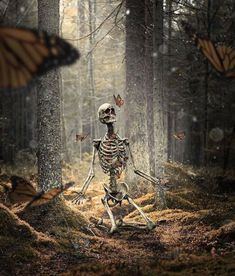 a skeleton is walking through the woods with butterflies in its mouth and wings flying around