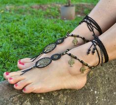 This listing is for a PAIR of barefoot sandals. Beautiful and unique barefoot sandals with a spring vibration. They look great as necklace or on the hands too :) They make a beautiful combination with the anklet (pictures 1, 3, 5 and 7) also sold in my shop. If you want to purchase the combination just choose bare sandals+anklet from the options available. For the length of the anklet please convo me with the measure of your ankle. Handmade crocheted with love and care using waxed polyester cord Anklet Pictures, Bohemian Black Barefoot Sandals For Vacation, Black Bohemian Barefoot Sandals For Vacation, Handmade Adjustable Toe Ring Anklets, Bohemian Gold Barefoot Sandals For Vacation, Gold Bohemian Barefoot Sandals For Vacation, Gold Bohemian Barefoot Sandals For Festival, Adjustable Beaded Bohemian Barefoot Sandals, Black Bohemian Barefoot Sandals For Beach