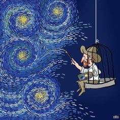 a man sitting in a birdcage looking at his cell phone while flying through the night sky