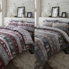 a bed with two pillows on top of it next to some pictures and framed frames