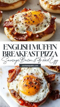 english muffin breakfast pizza with eggs on top and bacon in the middle is shown