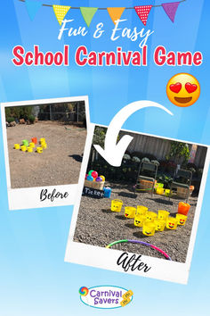 an advertisement for carnival games with smiley faces on them and the words fun & easy school carnival game before after