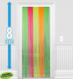 the door is decorated with colorful streamers and an arrow pointing to it's right