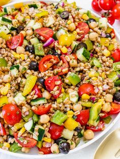 a salad with tomatoes, cucumbers, black olives, and other vegetables