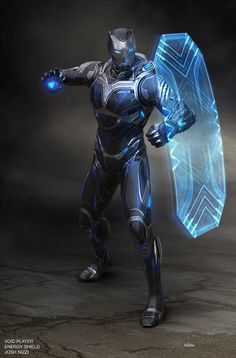 an image of a man in armor holding a blue light up shield with his hands