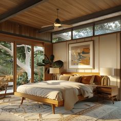 a large bed sitting in a bedroom on top of a wooden floor next to a window