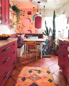 a kitchen with red cabinets and an area rug on the floor that has a potted plant in it