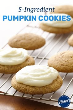 there are cookies that have white frosting on them and the words, 5 ingredient pumpkin cookies