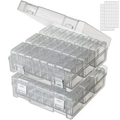 three clear plastic storage boxes with dividers on each side and four separate compartments in the middle