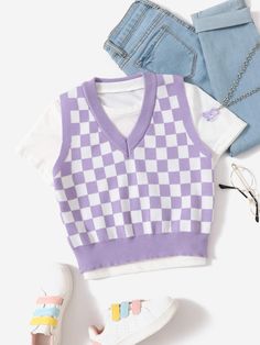 Purple Casual Collar Sleeveless Polyester Plaid Pullovers Embellished Medium Stretch  Girls Clothing Sweater Dress For Kids, Cute Clothes For 11-13, Cute Cardagins, Clothes For 10-12, Cute Simple Clothes, Purple Things To Buy, Cute Purple Clothes, Aesthetic Clothes Purple, Pastel Purple Clothes