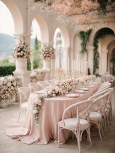 a long table with flowers and candles is set up for a formal function in an elegant setting