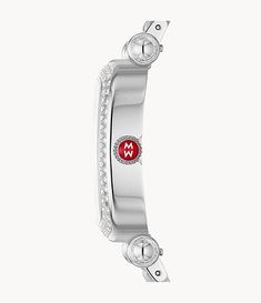 This Caber Isle Stainless Diamond Watch shines with 208 hand-set diamonds along the bezel, t-bar and mother-of-pearl dial. Graced with brillant sapphire crystal and red Michele logos on the dial and crown, this eye-catching piece radiates luxury. An 18mm stainless seven-link bracelet adds the finishing touch and is interchangeable with any 18mm Michele strap. Three Hands, Fine Watches, Diamond Watch, Watches Jewelry, Sapphire Crystal, Silver Watch, Link Bracelets, Mother Of Pearl, Sapphire