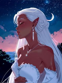 a woman with long white hair and earrings standing in front of the sky at night