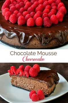 chocolate mousse cheesecake with raspberries on top and the same cake