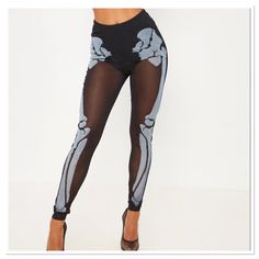 Get That Costume Glow In These Killer Leggings. Elastic Waist Band Built In Panty See Through Legs Halloween High Waist Stretch Pants, Stretch Tights For Halloween Night Out, Stretch Bottoms For Halloween Night Out, Edgy Stretch Pants For Halloween, Casual Bottoms For Halloween Night Out, Black Halloween Legwear For Night Out, Black Stretch Pants For Halloween, Trendy Stretch Halloween Tights, Trendy Halloween Tights