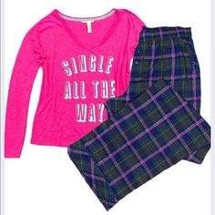 Victoria's Secret V-Neck Graphic Tee With Matching Plaid Flannel Bottom Size: Small - Large Color: Fuchsia Top Multi-Colored Bottom Price Is Firm 100% Authentic Straight From Victoria’s Secret Store Plaid Sleepwear For Pajama Party In Fall, Victoria's Secret Casual Sleepwear For Pajama Party, Casual Victoria's Secret Sleepwear For Pajama Party, Victoria's Secret Casual Sets For Pajama Party, Victoria's Secret Casual Sleepwear For Lounging, Victoria's Secret Casual Tops For Pajama Party, Casual Victoria's Secret Tops For Pajama Party, Victoria's Secret Long Sleeve Pajama Set For Sleepovers, Victoria's Secret V-neck Sleepwear For Loungewear