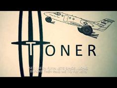 an advertisement for a plane that is flying over the words'toner'in black and white