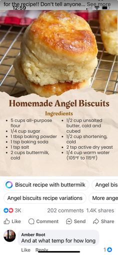 the recipe for homemade angel biscuits is displayed on an instagram page,