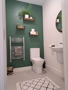 a bathroom with green walls, white fixtures and a rug on the floor in front of the toilet