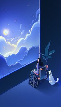 a person on a scooter with a dog looking at the sky and clouds