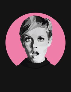 a woman's face is shown in the middle of a pink circle with black and white geometric shapes