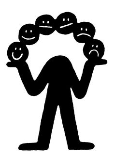 a black and white drawing of a person holding two smiley faces