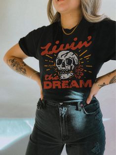 Living The Dream UNISEX Shirt Comfort Colors® Grunge Edgy Graphic Tee Rock n Roll Vintage Rebel Oversized Tee Dress Boho Hippie Clothes  Shop all Luna + June - https://www.etsy.com/ca/shop/LunaandJuneApparel  Please read before placing your order  1. All our apparel is GENDER NEUTRAL / UNISEX. The relaxed fit is flattering for all bodies. 2. Refer SIZE CHART for measurements. Upsize for oversized looks. 3. This t-shirt is a Comfort Colors 100% pure cotton, unisex fit, soft washed and garment dye Christmas Outfit Aesthetic, Jeans And Combat Boots, Edgy Boho, Mom Clothes, Outfits Fo, Teacher Outfits Fall, Cozy Fall Outfits, Alt Style, Hippie Clothes