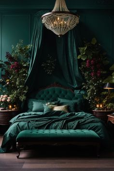 Immerse yourself in the enchanting allure of this dark green moody romantic lavish master bedroom. The deep emerald hues envelop the room, evoking a sense of intimacy and grandeur. Elegantly adorned with opulent gold accents, a sumptuous bed, and rich textures, this bedroom is the epitome of luxury. The soft ambient lighting sets the mood for romance, while the sophisticated furnishings and décor create a regal retreat that is perfect for getting lost in your dreams. Emerald Bedroom, Emerald Green Bedrooms, Dark Green Rooms, Simple Bed Designs, Double Bed Designs, Bed Interior, Halloween Bedroom, Feminine Bedroom