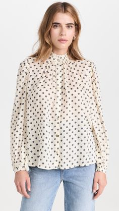 Alix of Bohemia Annabel Cream Spot Shirt | Shopbop Polka Dot Blouse With Button Closure For Fall, Fall Polka Dot Blouse With Button Closure, Fall Polka Dot Pattern Blouse With Button Closure, Polka Dot Long Sleeve Blouse For Daywear, Alix Of Bohemia, Ruffled Neckline, India Fashion, Long Puff Sleeves, Polka Dot Print