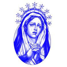 a drawing of the virgin mary with stars around her head and hands folded in prayer