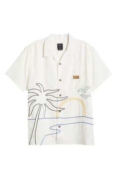 Bold sun-and-sea embroidery brightens the front of a camp shirt made of linen and viscose and styled for staying relaxed on warm days. Front button closure Notched collar Short sleeves Chest patch pocket 60% linen, 40% viscose Machine wash, tumble dry Imported Sea Embroidery, Summer Wardrobe Essentials, Embroidered Linen, Camp Shirt, Baby Boy Shoes, Sports Blazer, Made Clothing, Denim Leggings, Notched Collar