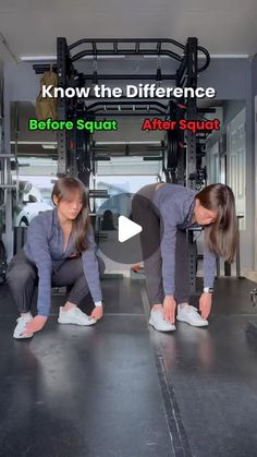 two women squatting on the ground in front of a gym equipment rack, with text that reads know the differences between before and after squat