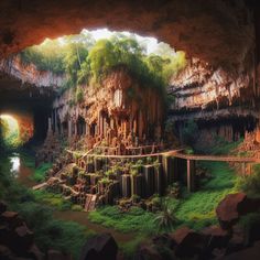 a cave filled with lots of green plants and rocks next to a river in the middle of it