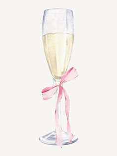 a watercolor painting of a wine glass with pink ribbon on the rim and bottom