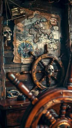 an old wooden ship steering wheel with a map on the wall behind it