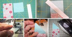 four pictures showing how to cut fabric with scissors, tape and sewing machine on the table