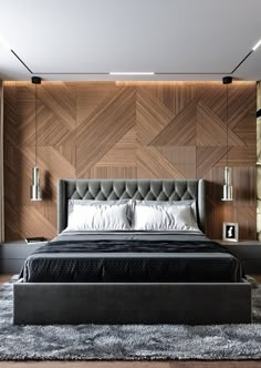 a modern bedroom with wood paneled walls