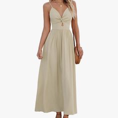 Nwt Cupshe Women's Front Twist & Keyhole Maxi Beach Dress Size Xl In Beige/Cream Step Into Summer Elegance With The Front Twist And Keyhole Maxi Dress! The Front Twist And Keyhole Detail Add A Touch Of Sophistication To This Maxi Dress. Whether Attending A Garden Party Or Enjoying A Beachside Dinner, This Dress Is Your Go-To Choice. V-Neckline Woven Sleeveless 100%Rayon Imported Wrinkled From Packaging Flowy Midi Dress For Beach In Solid Color, Flowy Beach Midi Dress Solid Color, Flowy Solid Color Beach Midi Dress, Beach Sundress With Cutouts, Flowy Solid Color Midi Dress For Beach, Solid Color Beach Dresses For A Day Out, Vacation Sundress Maxi Dress With Cutout, Cutout Sundress Maxi Dress For Vacation, Sundress Style Maxi Dress With Cutout For Vacation