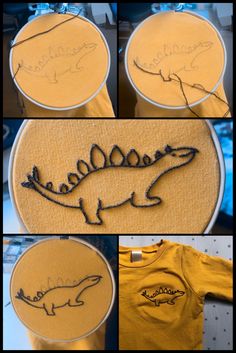 four pictures show how to make an embroidered t - shirt