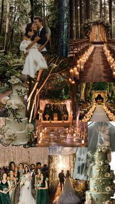 a collage of wedding photos with candles in the trees and bride and groom on their wedding day