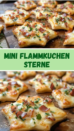 mini flamkwuchen sterne with cheese and bacon on top, in the middle