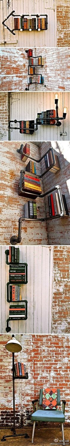 four different images of books on shelves and a bench in front of them with the same color