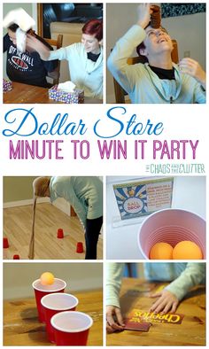 collage of photos with text overlaying dollar store minute to win it party