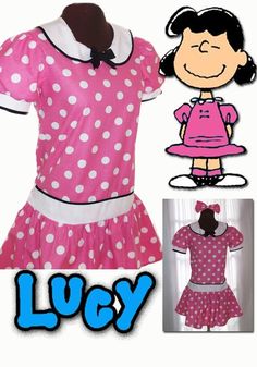 "LUCY VAN PELT'S polka dot dress After creating many custom Lucy costumes from \"You're a Good Man Charlie Brown\", we have decided to add this cute little dress to our regular offerings! This cute Lucy costume is made of bright pink and white polka dots with Peter Pan collar, drop waist and flounced skirt. Self belt ties in back. Includes hair bow. You will need to look at the special measuring chart just for this costume. It requires very special measurements to get the drop waist to hit at th Fitted Polka Dot Dress For Costume Party, Lucy Costume, Measuring Chart, Flounced Skirt, Pink Polkadot, Lucy Van Pelt, Dress For Girls, Little Dresses, Peter Pan Collar