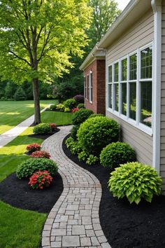 a brick walkway leading to a house in the middle of some grass and flowers on either side